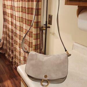 Chloe Light Gray Suede Crossbody Bag with Gold Ring Detail